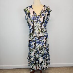 Tommy Hilfiger Floral Flutter Sleeve Midi Dress Size 14 V-Neck Flouncy Cottage